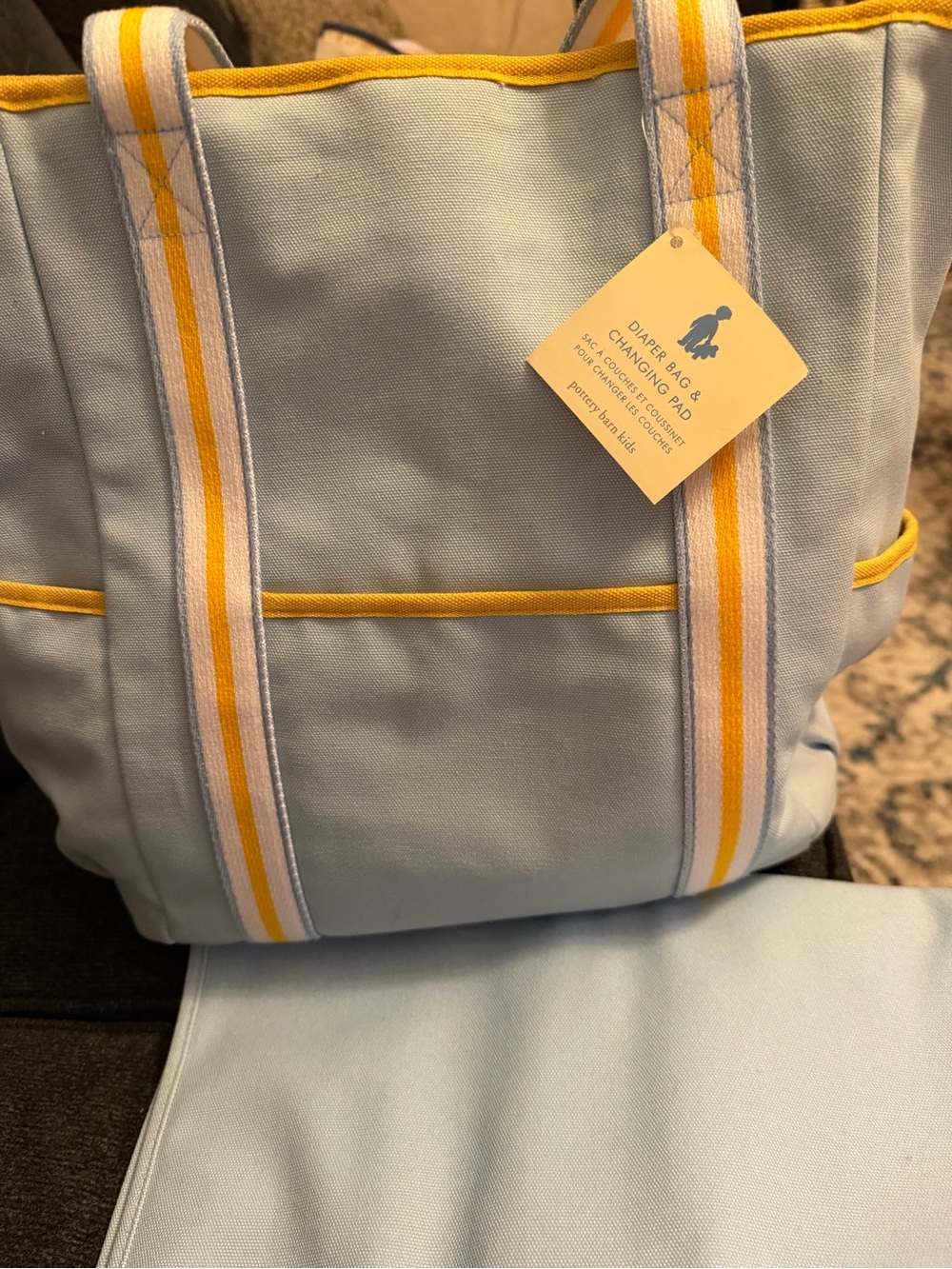 Pottery Barn Light Blue Baby Tote with Yellow Trim